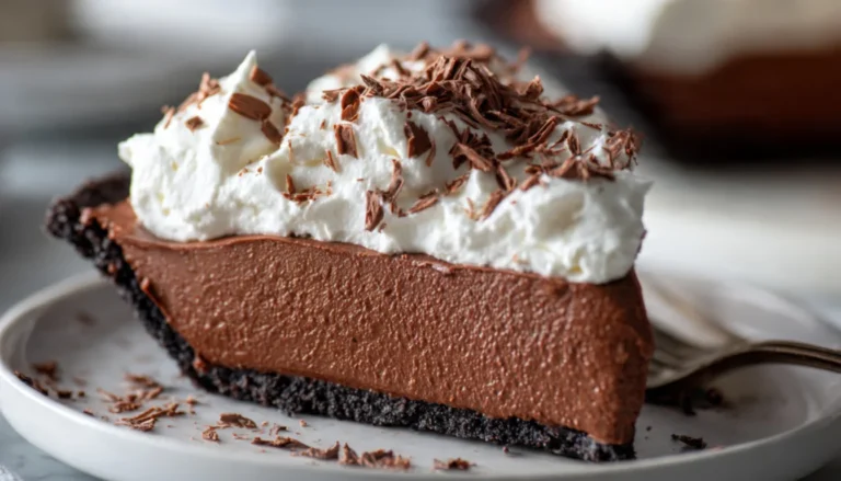 Slice of no-bake chocolate pudding pie with whipped cream topping and chocolate shavings on white plate