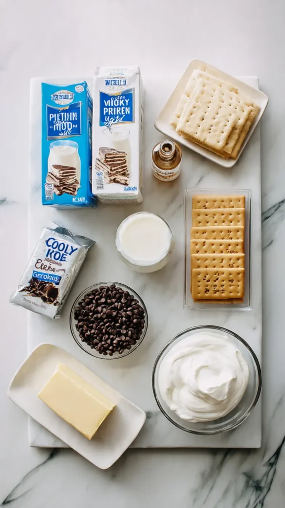 All ingredients for no bake chocolate eclair cake including instant pudding, graham crackers, cream cheese, Cool Whip, and chocolate chips arranged on marble counter