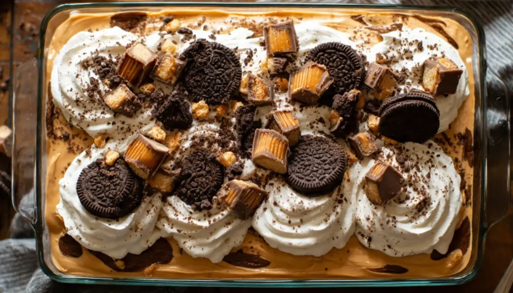Peanut butter lasagna dessert in glass baking dish showing layered Oreo crust, peanut butter cream cheese, chocolate pudding, and whipped cream topping