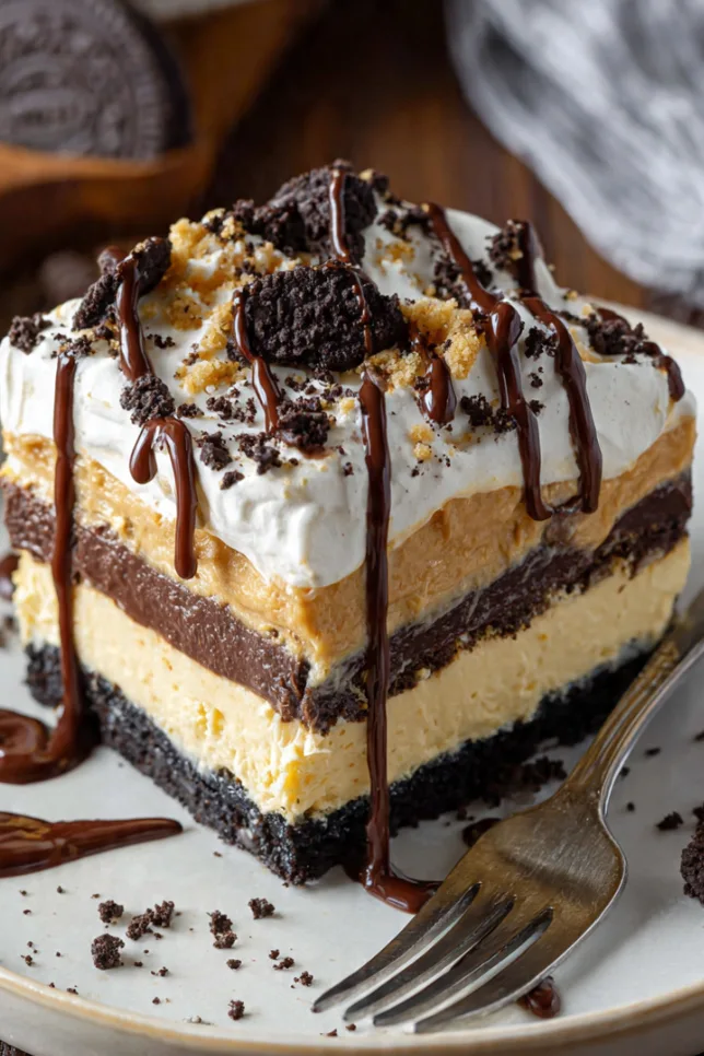 Peanut butter lasagna dessert in glass baking dish showing layered Oreo crust, peanut butter cream cheese, chocolate pudding, and whipped cream topping