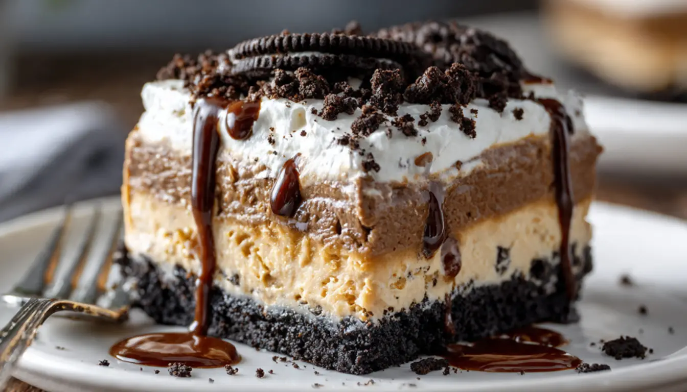 Peanut butter lasagna dessert in glass baking dish showing layered Oreo crust, peanut butter cream cheese, chocolate pudding, and whipped cream topping