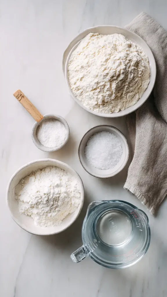 Four simple ingredients for no knead bread: flour, yeast, salt, and water on marble counter