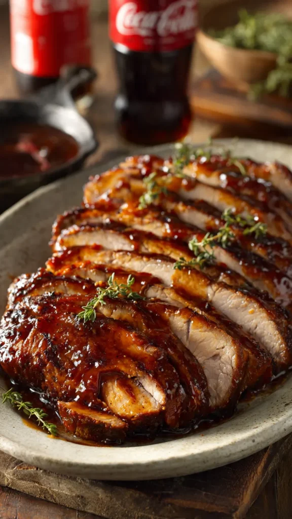 Sliced pork loin with glossy Coca-Cola glaze on white platter with fresh herbs