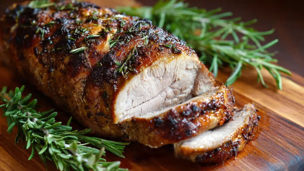 Sliced pork loin with glossy Coca-Cola glaze on white platter with fresh herbs