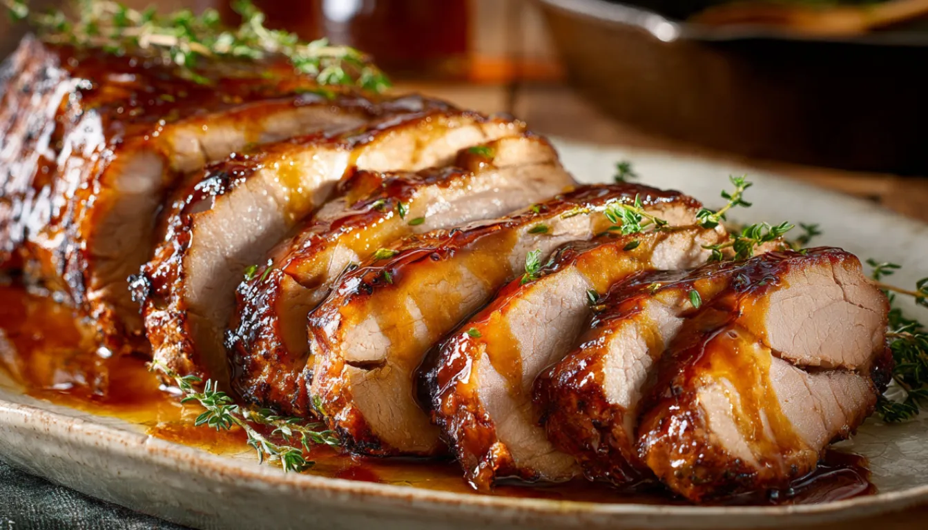 Sliced pork loin with glossy Coca-Cola glaze on white platter with fresh herbs
