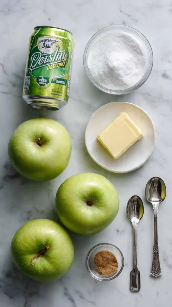 Five ingredients for apple dumplings laid out on marble counter: apples, crescent rolls, butter, sugar, and lemon-lime soda
