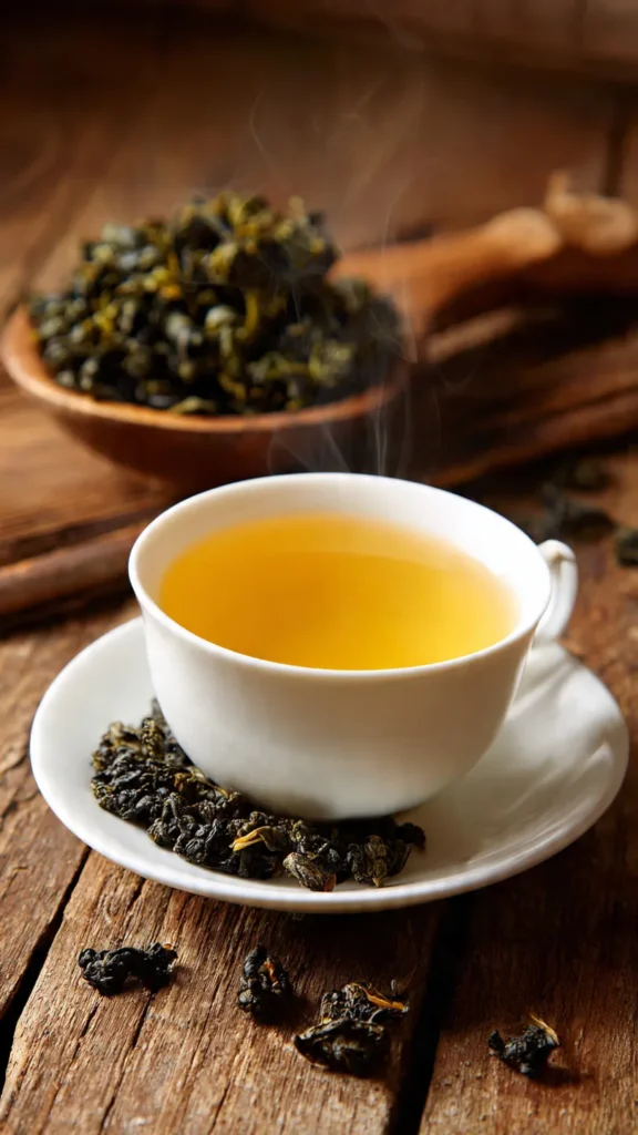 A steaming cup of amber oolong tea in a white ceramic cup with loose tea leaves on a wooden table