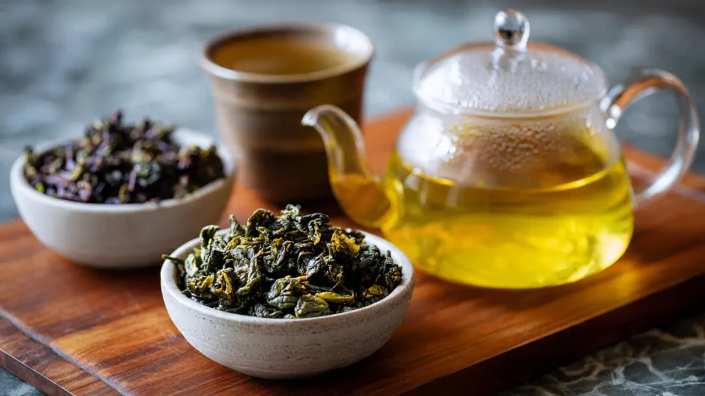 A steaming cup of amber oolong tea in a white ceramic cup with loose tea leaves on a wooden table