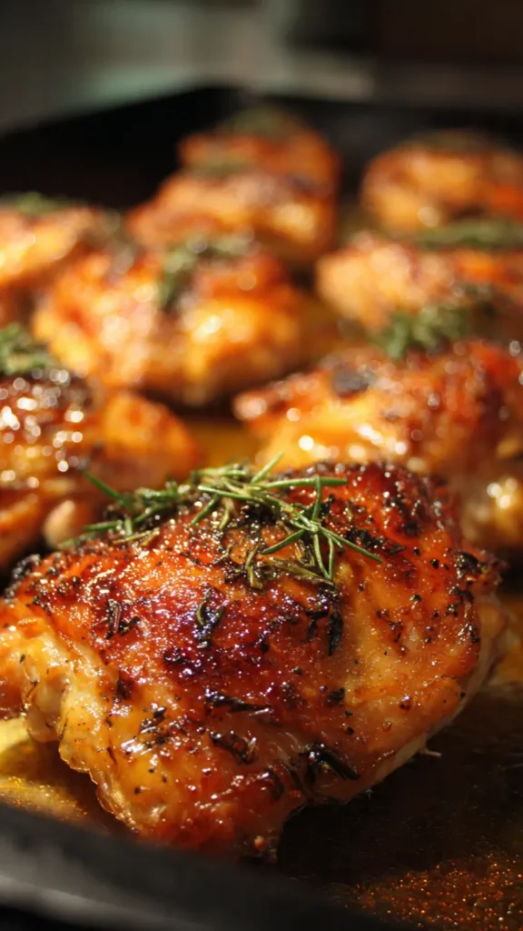 Perfectly baked boneless skinless chicken thighs with golden-brown caramelized exterior on white platter