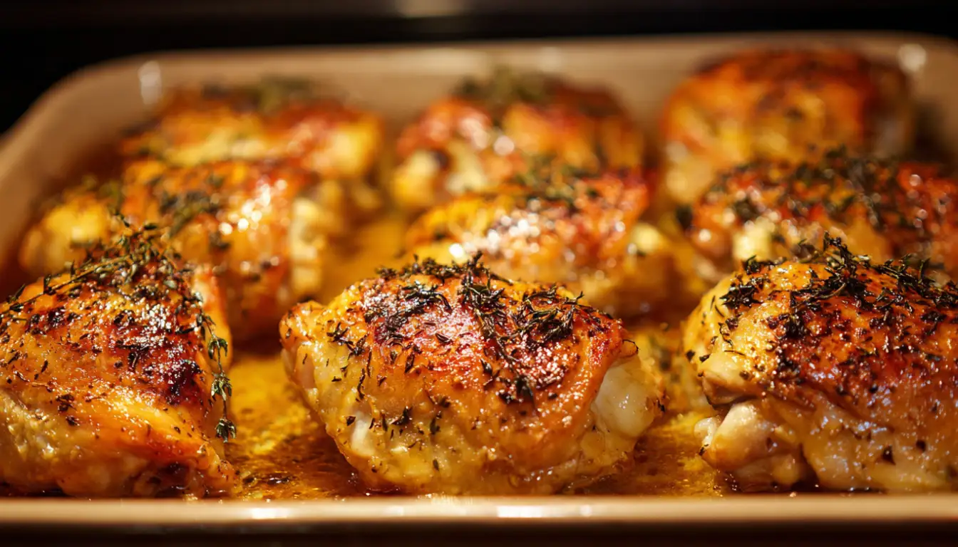 Perfectly baked boneless skinless chicken thighs with golden-brown caramelized exterior on white platter