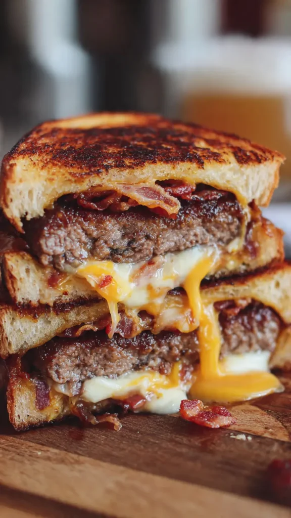 Homemade patty melt sandwich cut in half showing melted Swiss cheese, beef patty, and caramelized onions on crispy rye bread