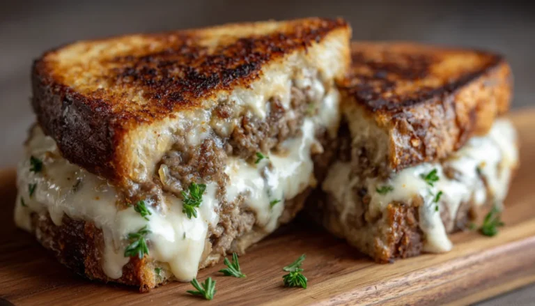 Homemade patty melt sandwich cut in half showing melted Swiss cheese, beef patty, and caramelized onions on crispy rye bread