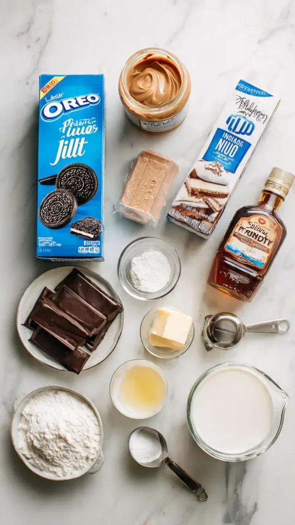 Ingredients for peanut butter lasagna including Oreos, cream cheese, peanut butter, chocolate pudding mix, and Cool Whip arranged on marble counter