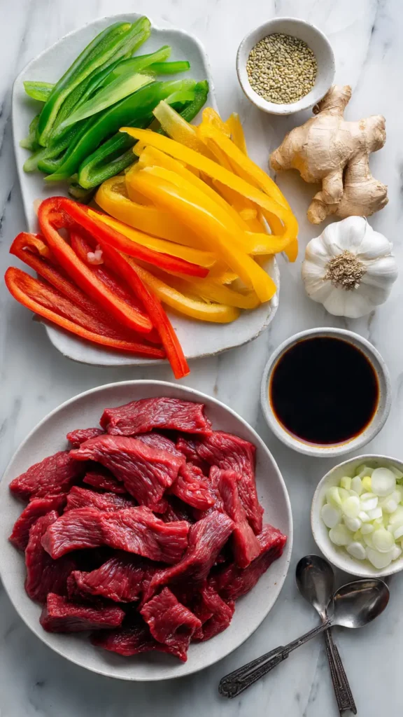 All the fresh ingredients needed to make slow cooker pepper steak, including beef, peppers, and Asian seasonings