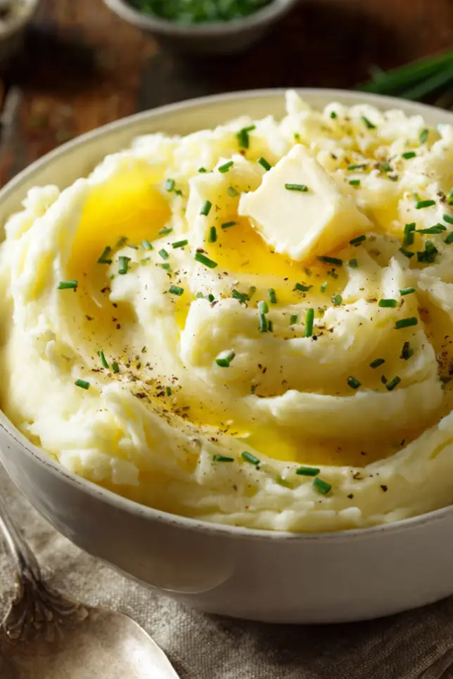 Creamy buttery mashed potatoes in white bowl with melting butter and fresh chives