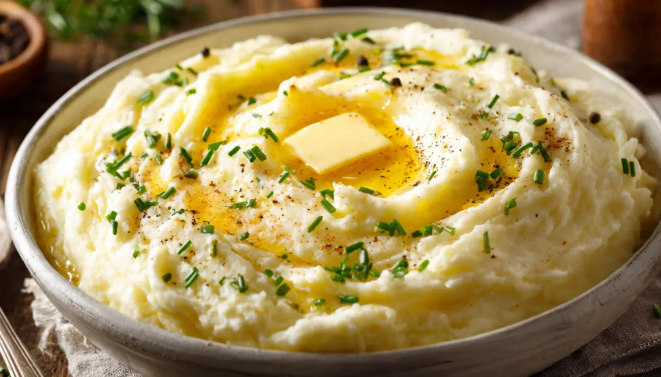 Creamy buttery mashed potatoes in white bowl with melting butter and fresh chives