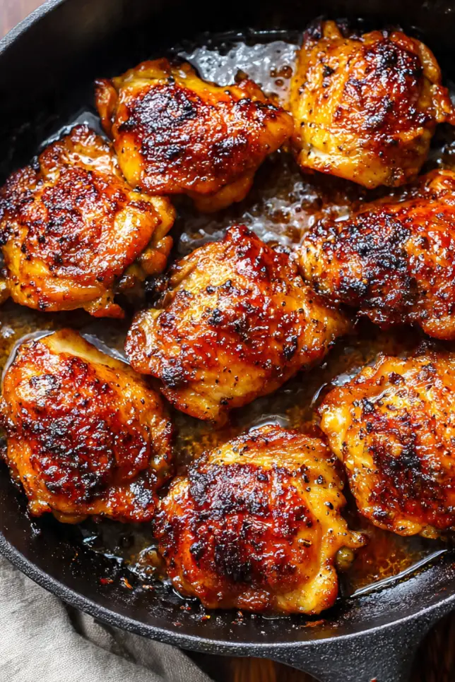 Golden brown boneless skinless chicken thighs baked in cast iron skillet at 425 degrees showing perfect caramelization