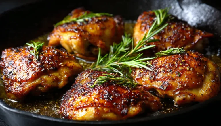 Golden brown boneless skinless chicken thighs baked in cast iron skillet at 425 degrees showing perfect caramelization