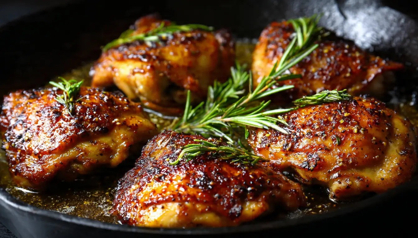 Golden brown boneless skinless chicken thighs baked in cast iron skillet at 425 degrees showing perfect caramelization