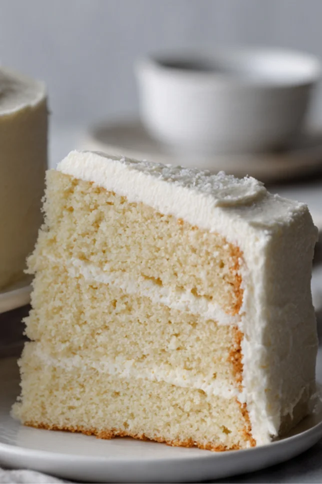 Soft homemade vanilla cake with two fluffy layers and white buttercream frosting on a cake stand, showing tender crumb texture