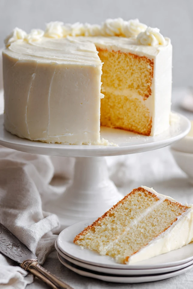Soft homemade vanilla cake with two fluffy layers and white buttercream frosting on a cake stand, showing tender crumb texture