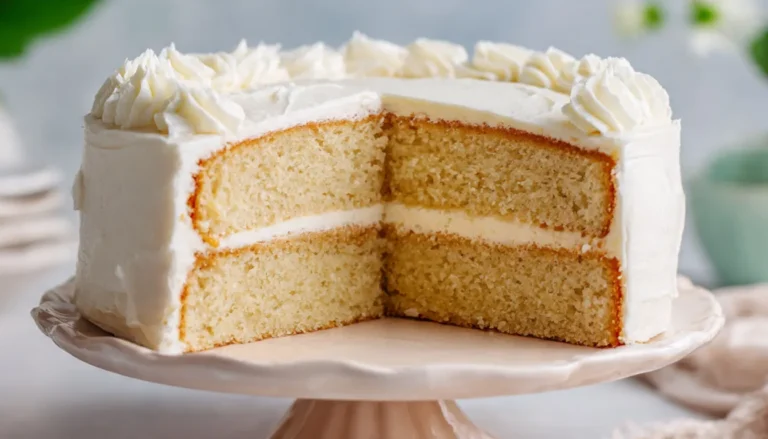Soft homemade vanilla cake with two fluffy layers and white buttercream frosting on a cake stand, showing tender crumb texture