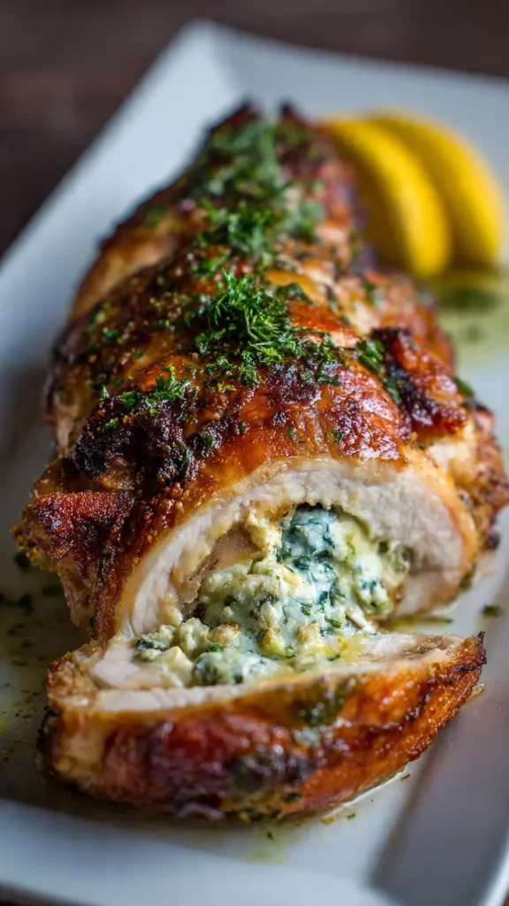 Golden herb-crusted stuffed chicken roast on white platter with savory bread stuffing, garnished with fresh thyme and lemon wedges