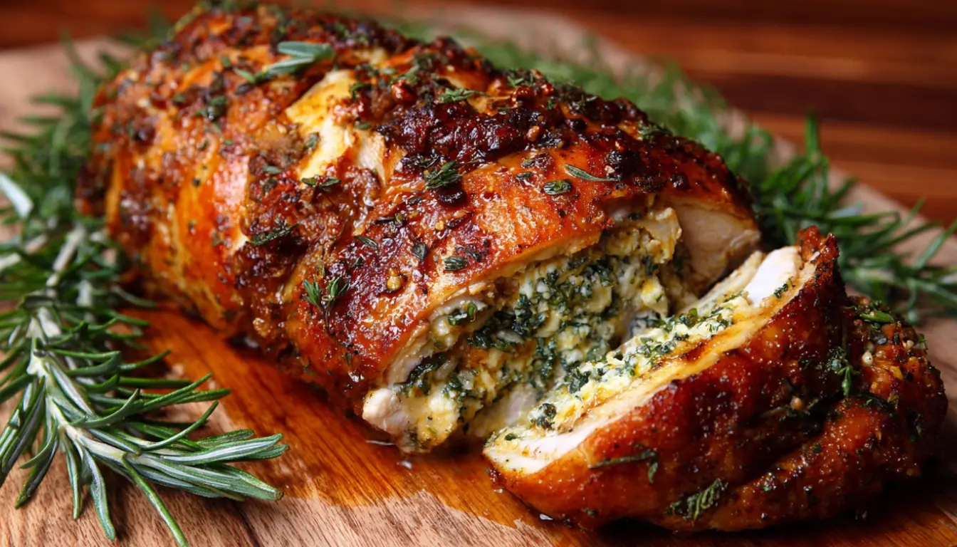 Golden herb-crusted stuffed chicken roast on white platter with savory bread stuffing, garnished with fresh thyme and lemon wedges