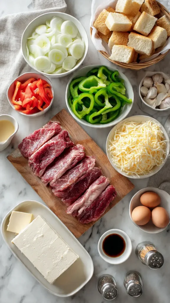Complete ingredient list for Philly cheesesteak casserole including ribeye steak, bell peppers, onions, cheese, and bread cubes
