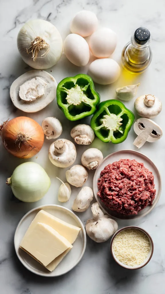 Flat lay of Philly cheesesteak meatloaf ingredients including ground beef, provolone, peppers, mushrooms, and onions