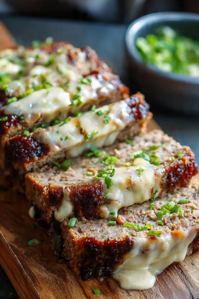 Sliced Philly cheesesteak meatloaf with melted provolone cheese on a wooden cutting board