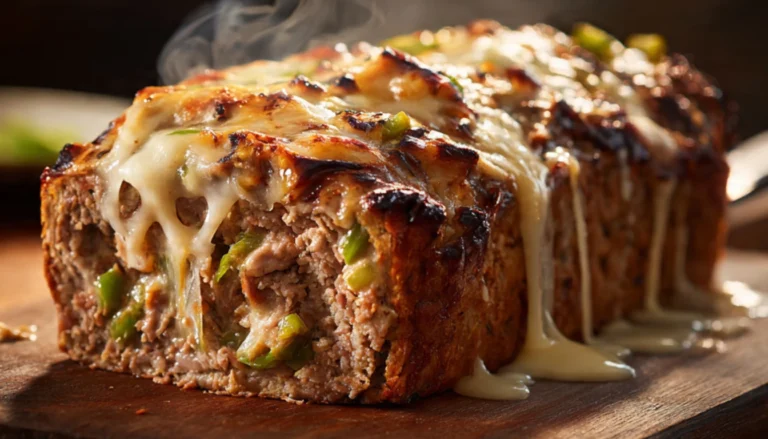Sliced Philly cheesesteak meatloaf with melted provolone cheese on a wooden cutting board