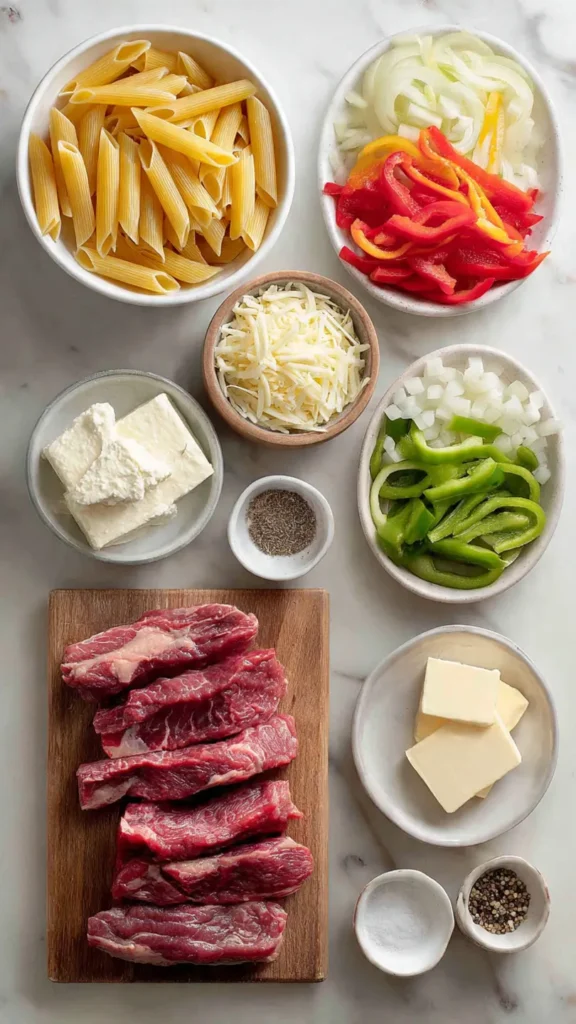 Complete ingredient layout for making homemade Philly cheesesteak pasta including fresh vegetables, quality ribeye, pasta, and creamy cheese sauce ingredients.