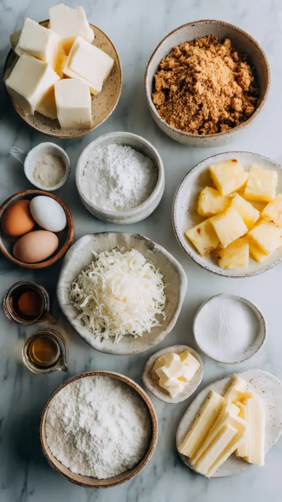 All ingredients for pineapple coconut cheesecake tarts laid out on marble counter including cream cheese, coconut, and fresh pineapple