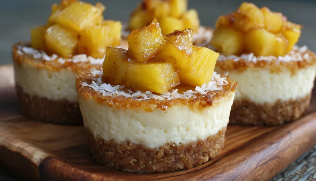 Three pineapple coconut cheesecake tarts on white board with caramelized pineapple topping and toasted coconut