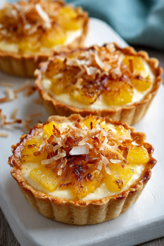Three pineapple coconut cheesecake tarts on white board with caramelized pineapple topping and toasted coconut