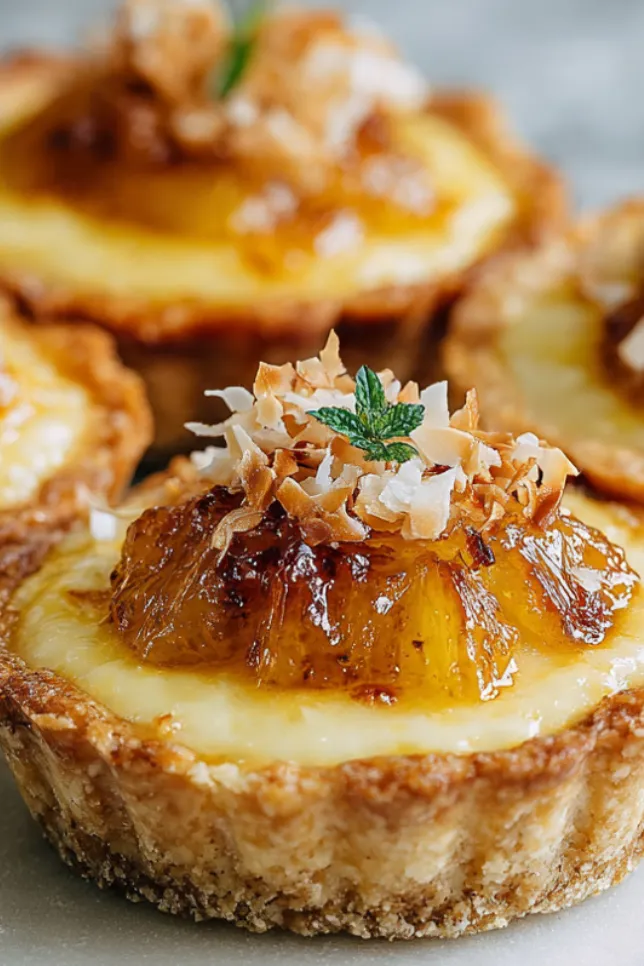 Three pineapple coconut cheesecake tarts on white board with caramelized pineapple topping and toasted coconut