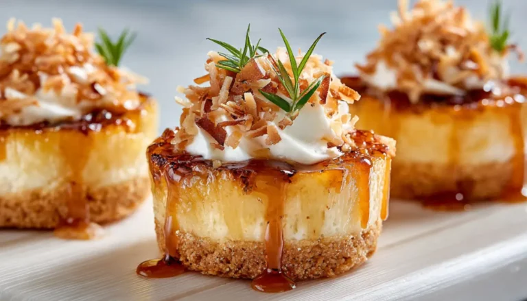 Three pineapple coconut cheesecake tarts on white board with caramelized pineapple topping and toasted coconut