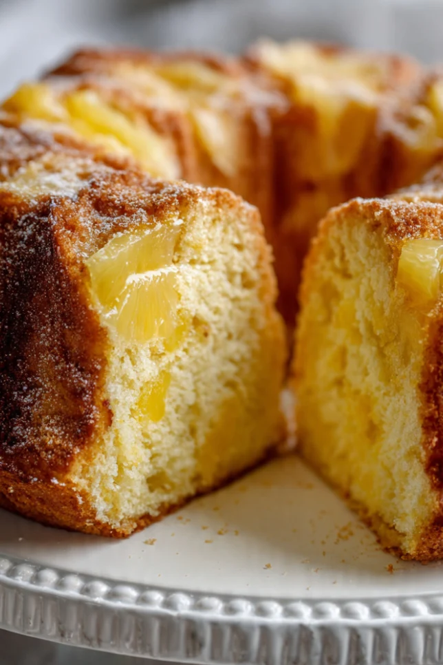 Sliced pineapple cream cheese pound cake on white cake stand showing moist crumb texture with pineapple pieces