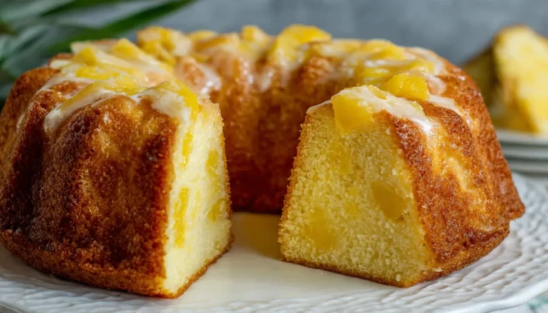 Sliced pineapple cream cheese pound cake on white cake stand showing moist crumb texture with pineapple pieces