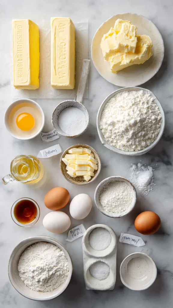 Ingredients for pineapple cream cheese pound cake including butter, cream cheese, eggs, flour, and crushed pineapple