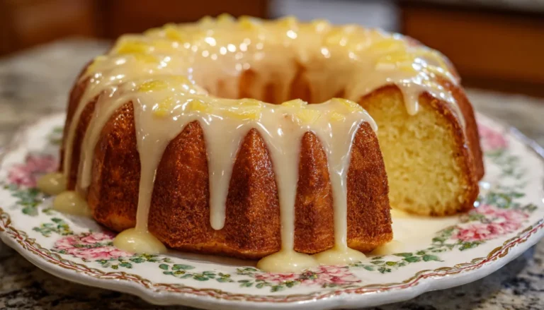 Pineapple cream cheese pound cake with yellow glaze dripping down sides on white cake stand