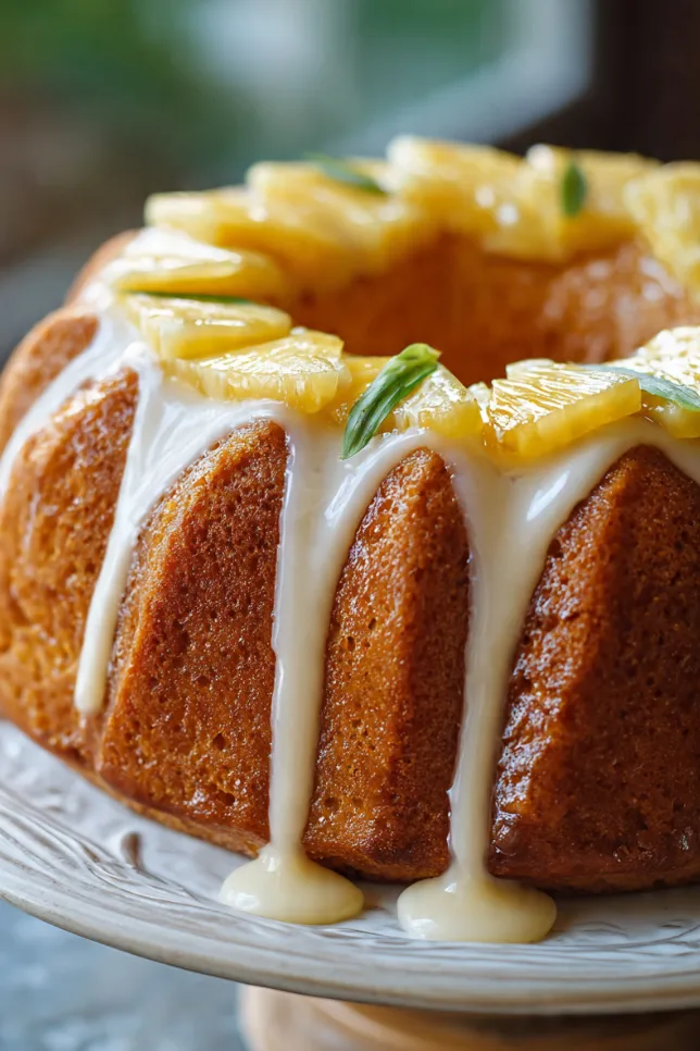 Pineapple cream cheese pound cake with yellow glaze dripping down sides on white cake stand