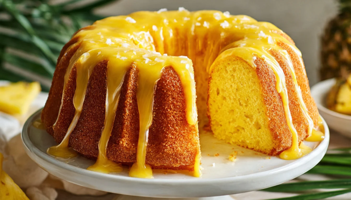 Pineapple cream cheese pound cake with yellow glaze dripping down sides on white cake stand