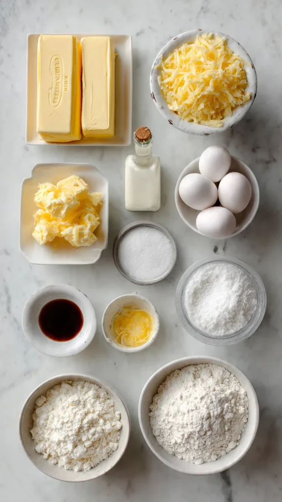 Pineapple cream cheese pound cake ingredients arranged on marble counter including butter, cream cheese, sugar, eggs, and crushed pineapple