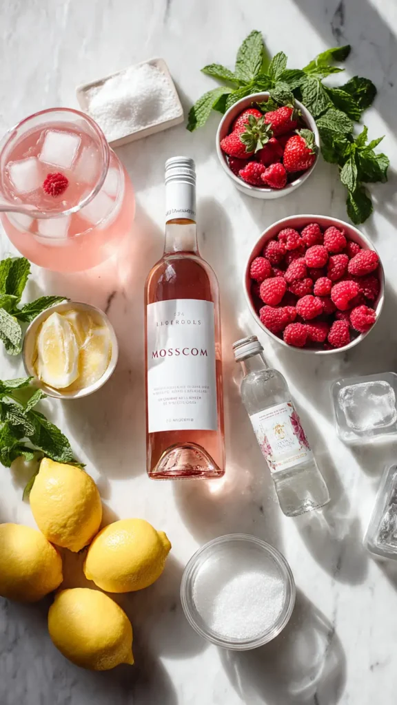 Flat lay of pink lemonade moscato cocktail ingredients including moscato wine, fresh berries, lemons, pink lemonade and sparkling water on marble counter
