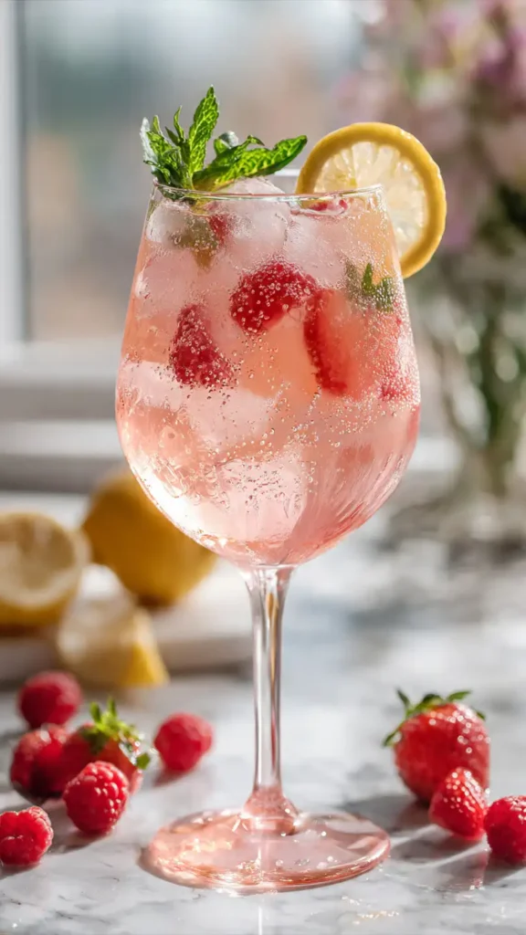Pink lemonade moscato cocktail in wine glass garnished with fresh strawberries, raspberries, lemon wheel and mint on white marble counter