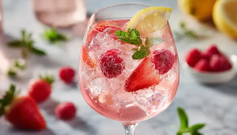 Pink lemonade moscato cocktail in wine glass garnished with fresh strawberries, raspberries, lemon wheel and mint on white marble counter