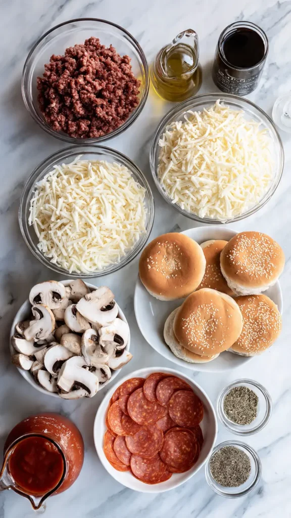 Overhead view of pizza burger ingredients including ground beef, mozzarella cheese, Parmesan, pepperoni slices, Italian seasonings, and burger buns on marble counter
