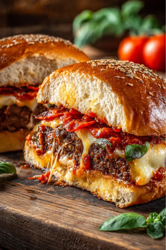 Homemade pizza burger cut in half showing melted mozzarella cheese stretching between burger halves with pepperoni and pizza sauce toppings